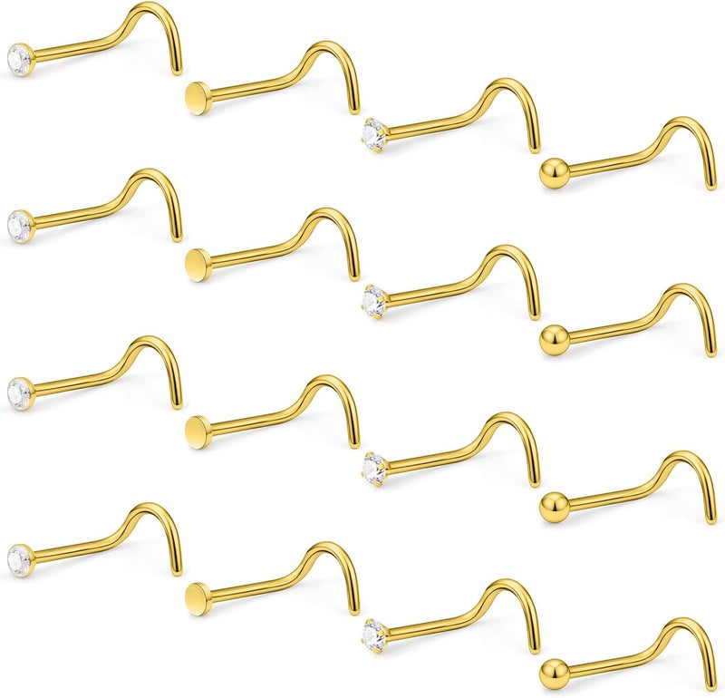 Hoeudjo Nose Studs Surgical Steel Cubic Zirconia Nose Rings Kit for Women Men Tiny Nose Stud Screw & Bone & L Shaped Nostril Rings Piercing Jewelry 22 Gauge 16 Pieces - Image 1
